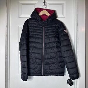 Guess Mens Hooded Puffer Jacket Black Burgundy Lightweight 117AN644 Size M